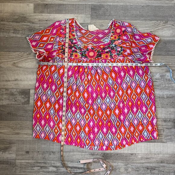 Savanna Jane Multicolor Embroidered Short Sleeve Blouse Pom Trim F39 - Picture 5 of 5